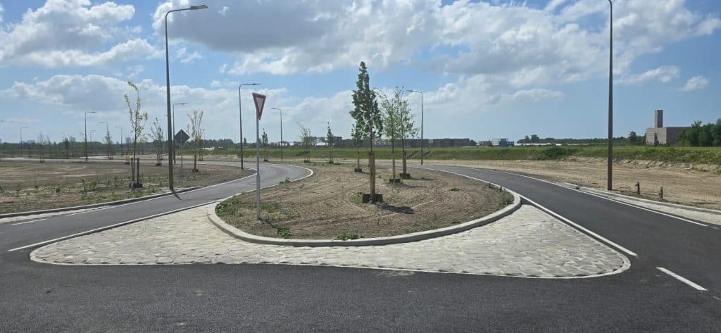 een weg met bomen en openbaar verlichting