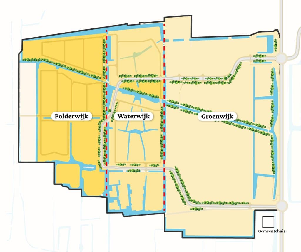 Overzichtstekening van Wilderszijde waarop is aangegeven waar de wijken Polderwijk, Waterwijk en Groenwijk zich bevinden